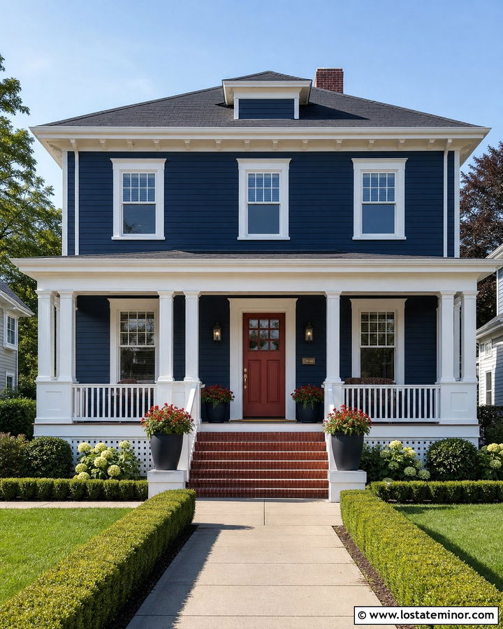 Navy Blue Foursquare With Red Door - 30 Navy Blue House Design With Front Porch Ideas