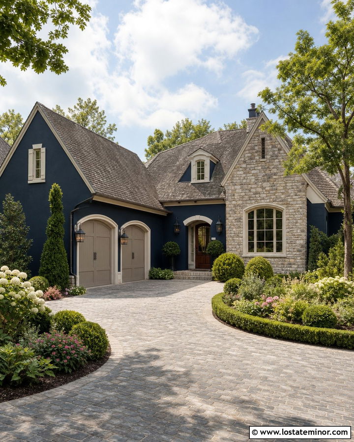 Navy Blue French Country House With Greige Garage - 30 Navy Blue House Design With Garage Door Ideas