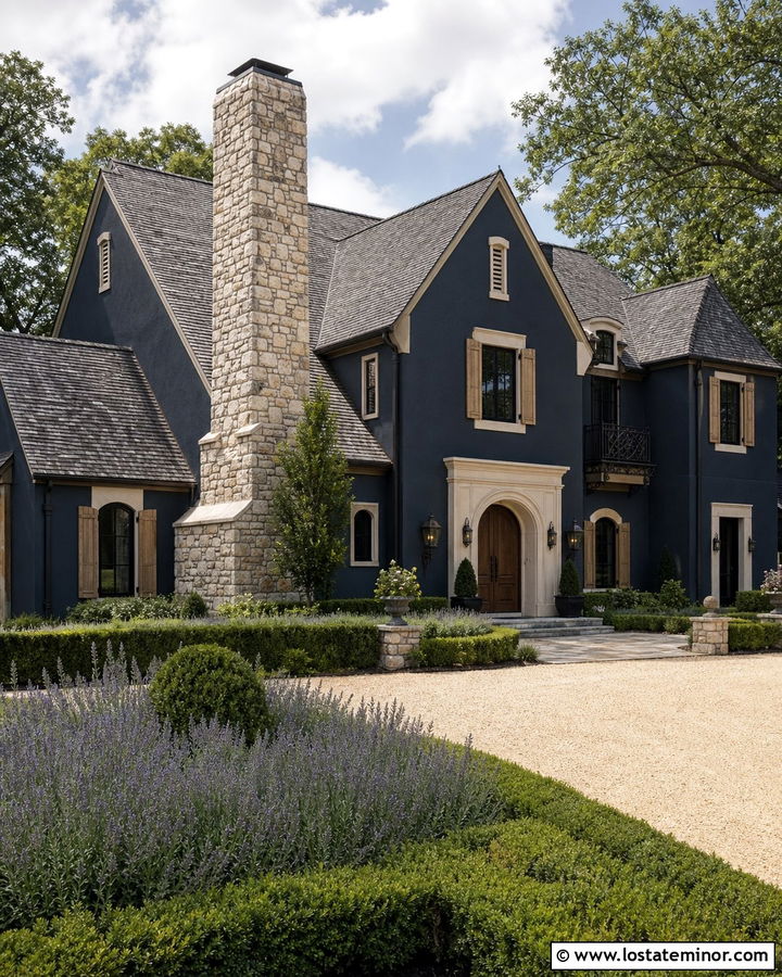Navy Blue French Country House With Stone Chimney - 30 Navy Blue House Design With Chimney Ideas