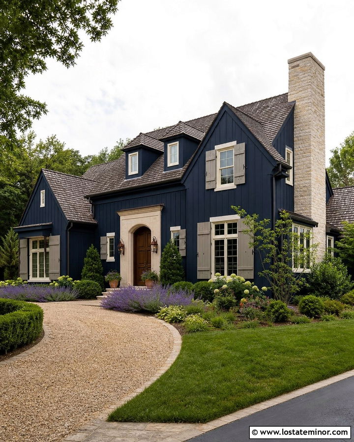 Navy Blue French Country House With Warm Gray Shutters - 30 Navy Blue House Design With Shutters Ideas