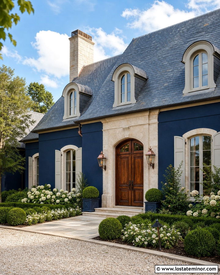 Navy Blue French Country With Arched Dormers - 30 Navy Blue House Design With Dormers Ideas