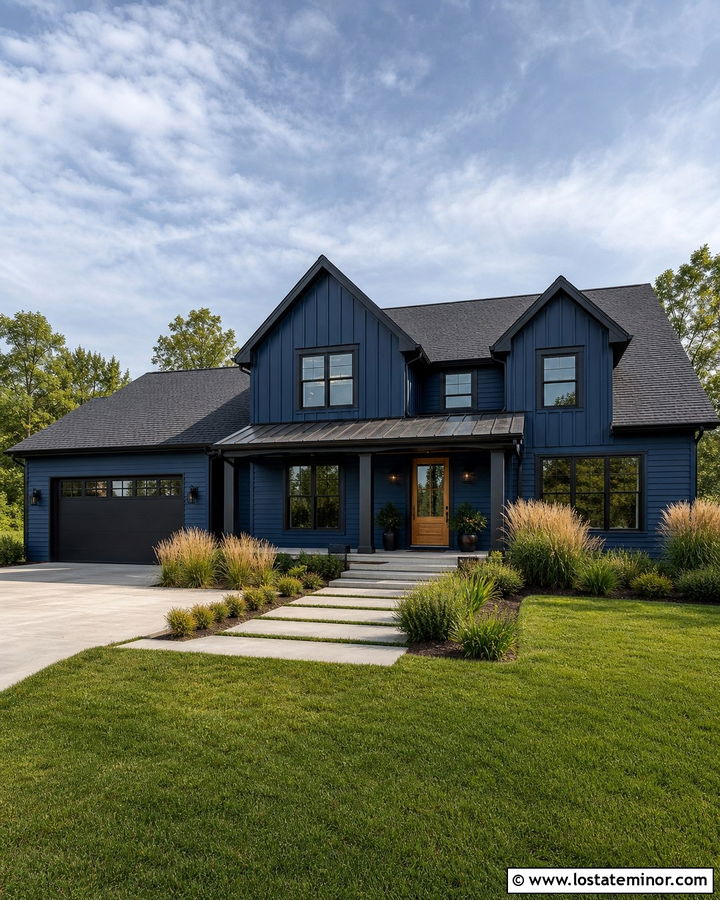 Navy Blue Gable House With Black Trim - 30 Navy Blue House Design With Gables Ideas