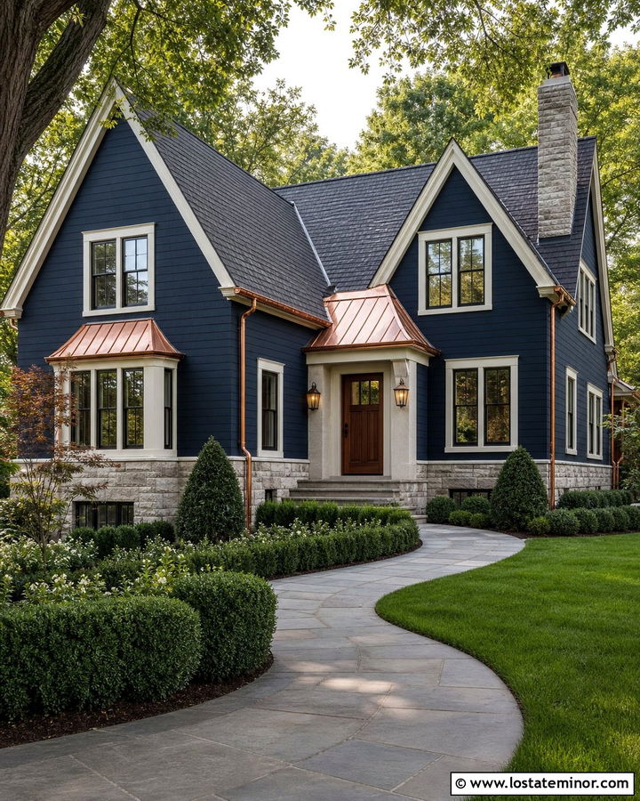 Navy Blue Gable House With Copper Accents - 30 Navy Blue House Design With Gables Ideas