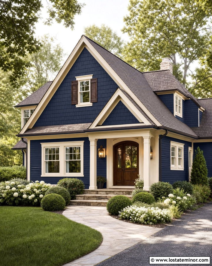 Navy Blue Gable House With Cream Trim - 30 Navy Blue House Design With Gables Ideas