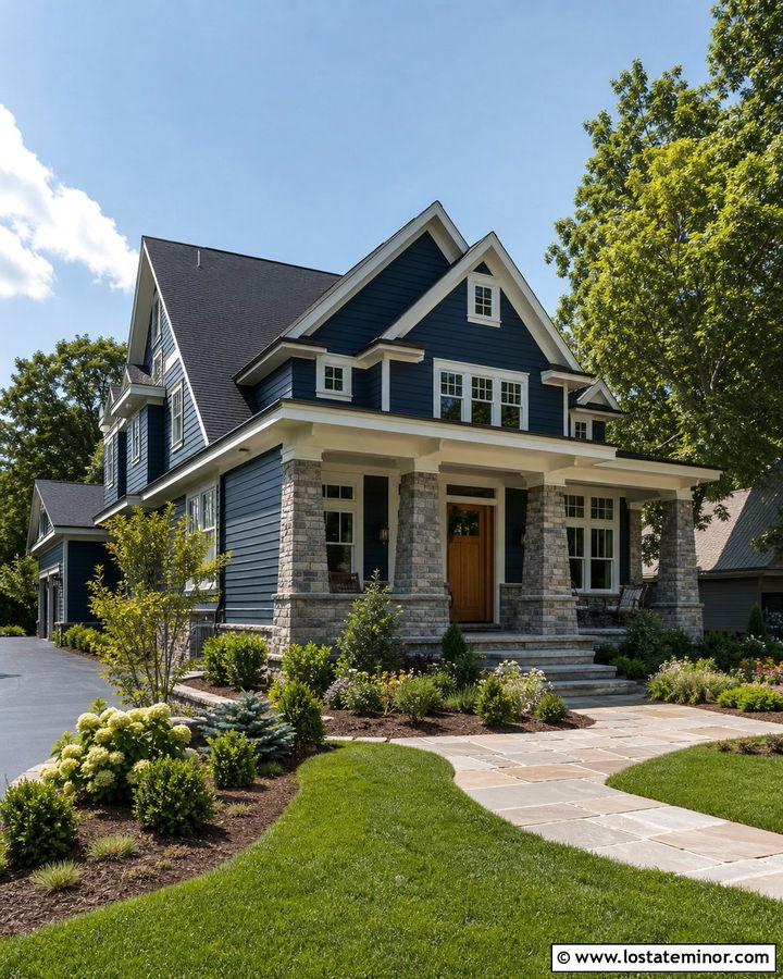 Navy Blue Gable House With Gray Stone - 30 Navy Blue House Design With Gables Ideas