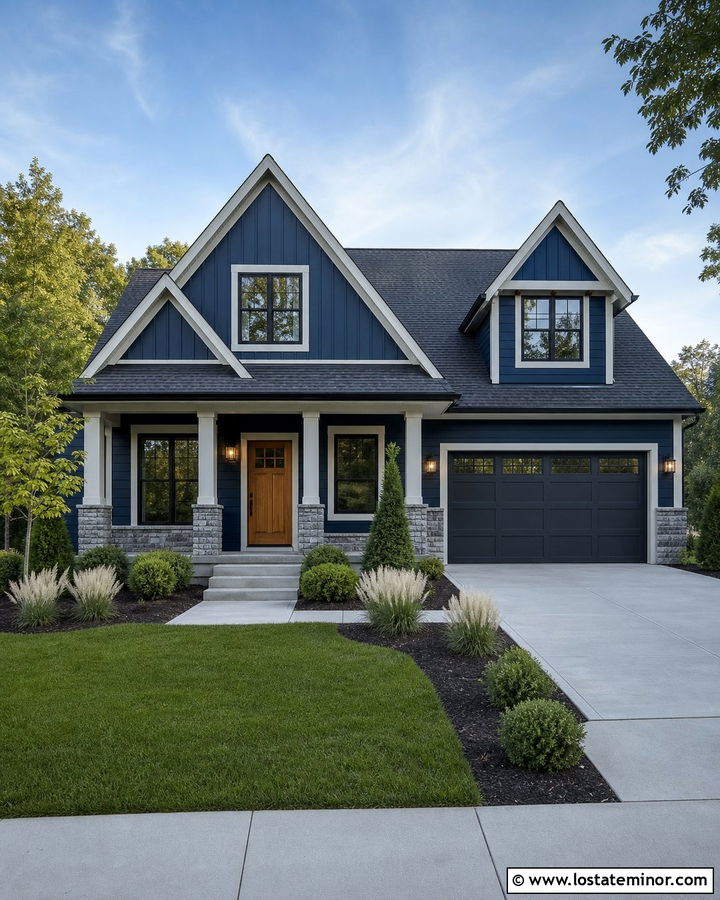Navy Blue Gable House With Light Gray Trim - 30 Navy Blue House Design With Gables Ideas