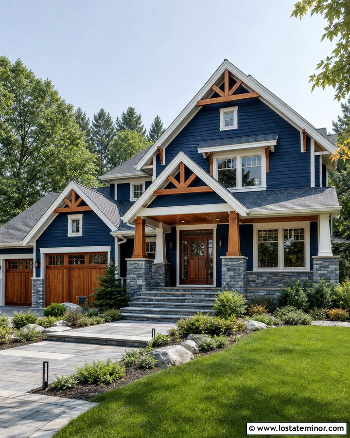 Navy Blue Gable House With Natural Wood Accents - 30 Navy Blue House Design With Gables Ideas