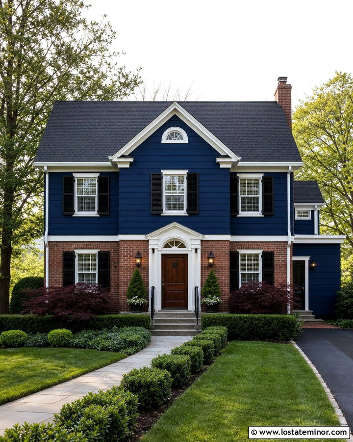 Navy Blue Gable House With Red Brick - 30 Navy Blue House Design With Gables Ideas