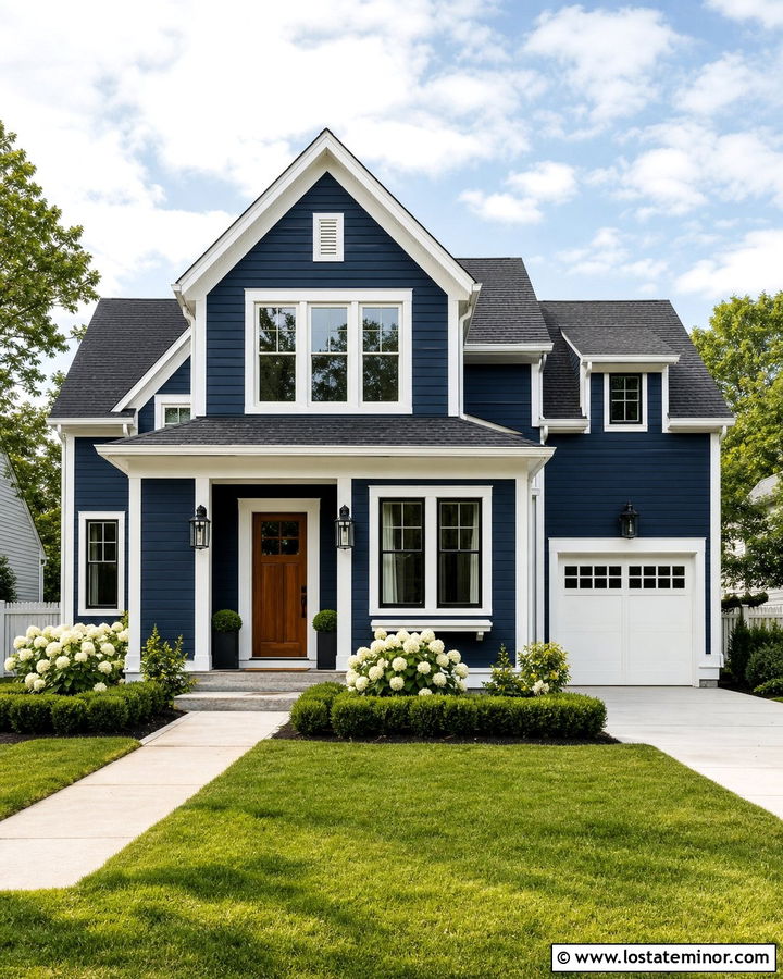 Navy Blue Gable House With White Trim - 30 Navy Blue House Design With Gables Ideas
