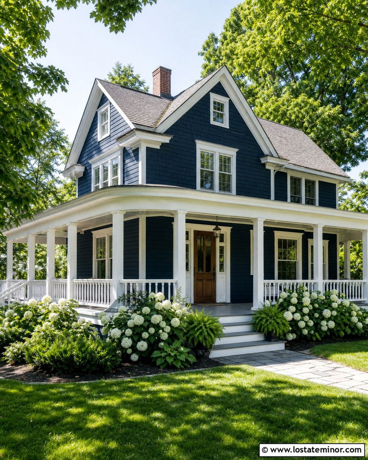 Navy Blue Gable House With Wraparound Porch - 30 Navy Blue House Design With Gables Ideas