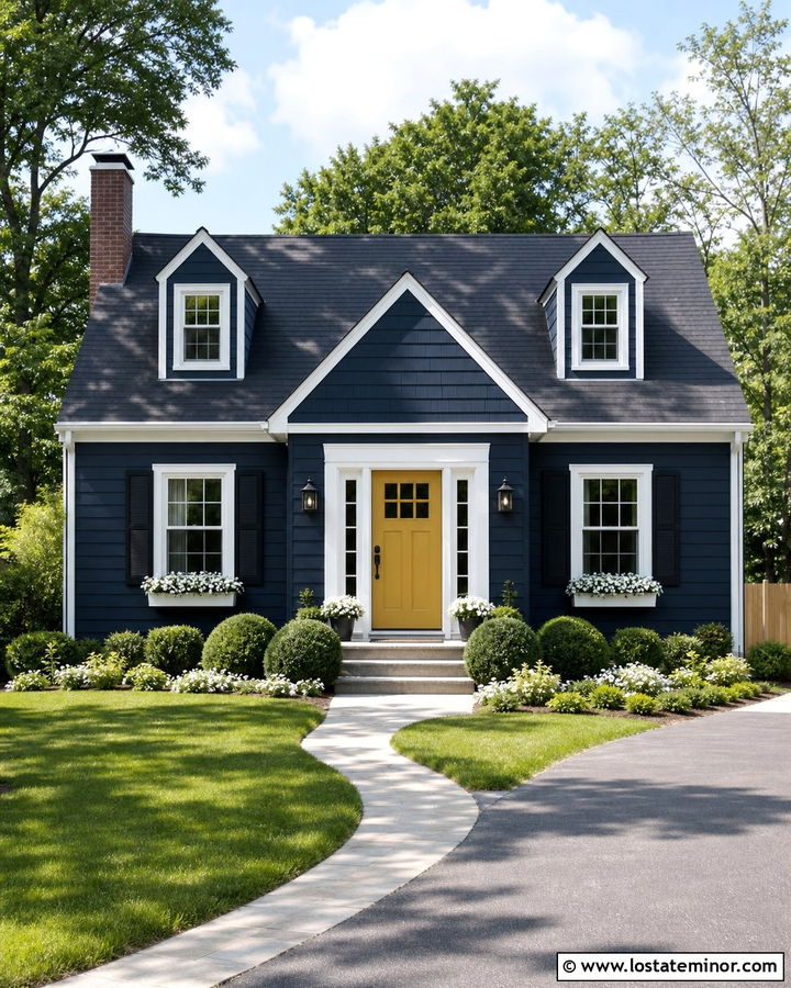 Navy Blue Gable House With Yellow Door - 30 Navy Blue House Design With Gables Ideas