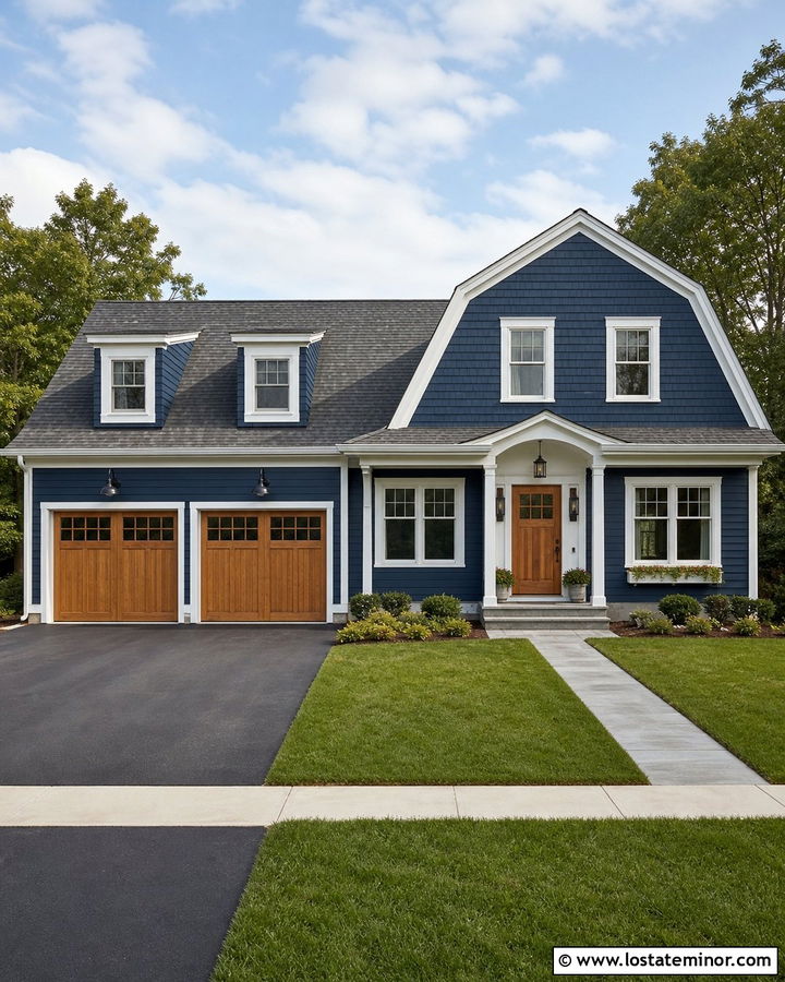 Navy Blue Gambrel House With Shingle Gables - 30 Navy Blue House Design With Shingles Ideas
