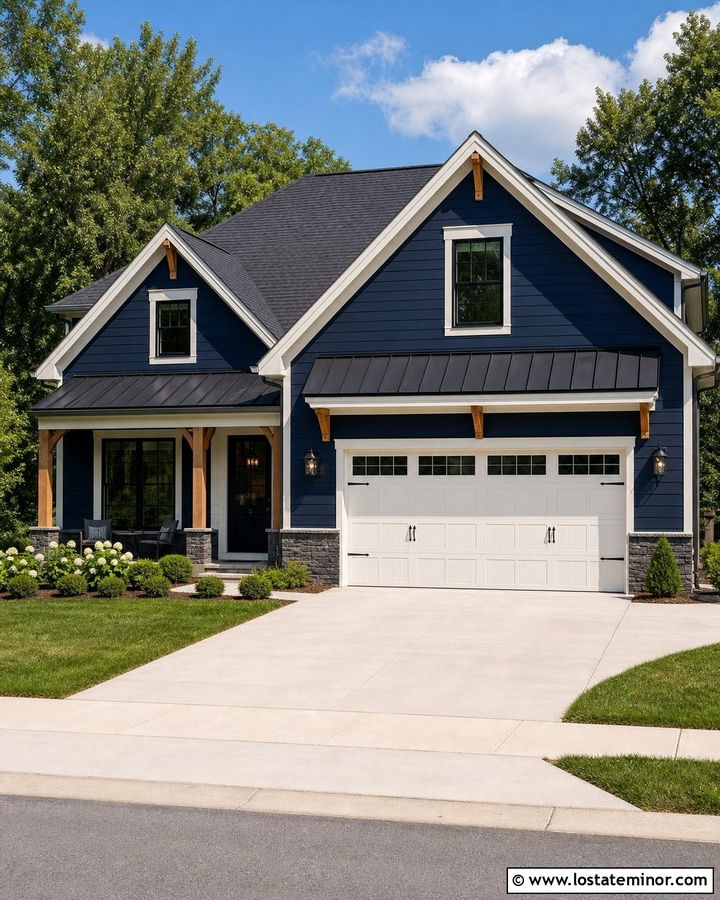 Navy Blue Garage House With Double Awnings - 30 Navy Blue House Design With Awning Ideas