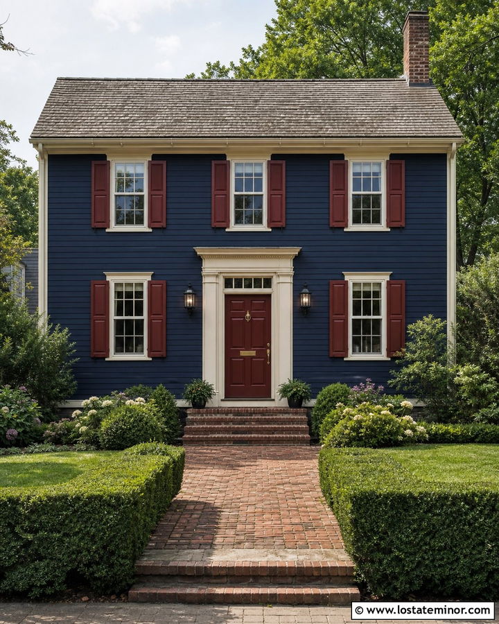 Navy Blue Garrison Colonial With Red Shutters - 30 Navy Blue House Design With Shutters Ideas