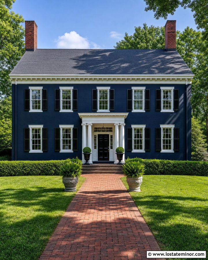 Navy Blue Georgian With Twin Brick Chimneys - 30 Navy Blue House Design With Chimney Ideas