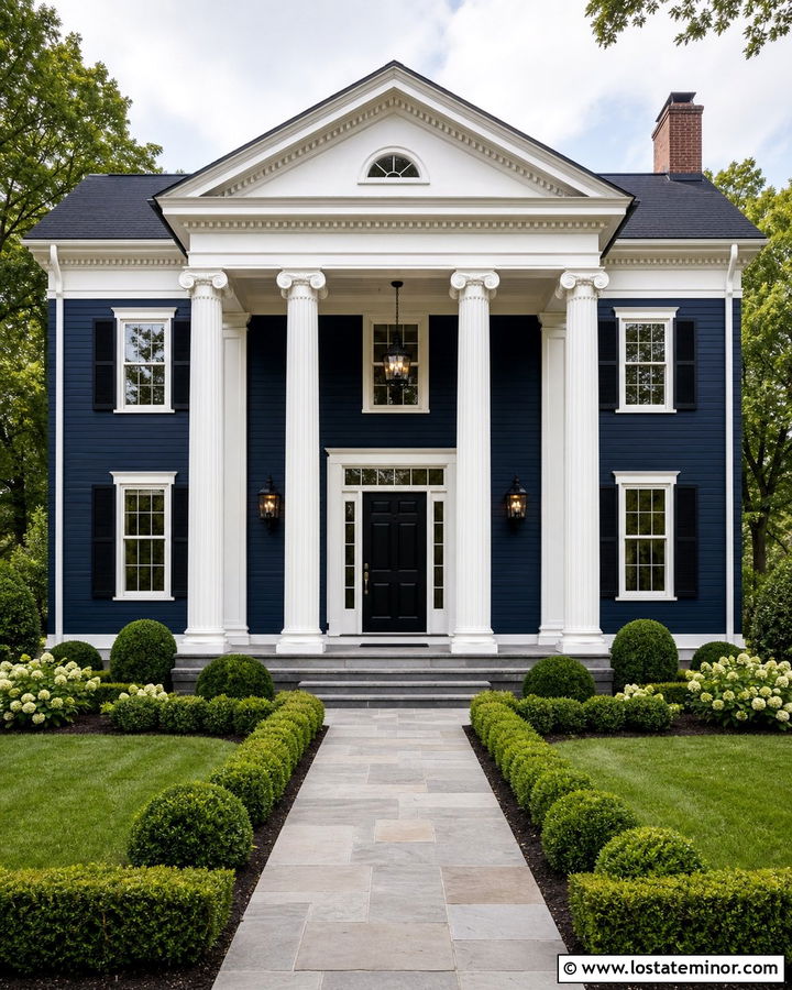 Navy Blue Greek Revival With Tall Portico - 30 Navy Blue House Design With Portico Ideas