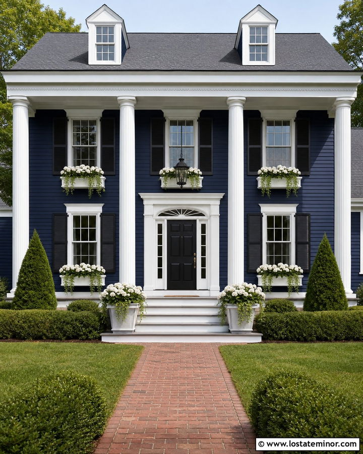 Navy Blue Greek Revival With White Window Boxes - 30 Navy Blue House Design With Window Boxes Ideas