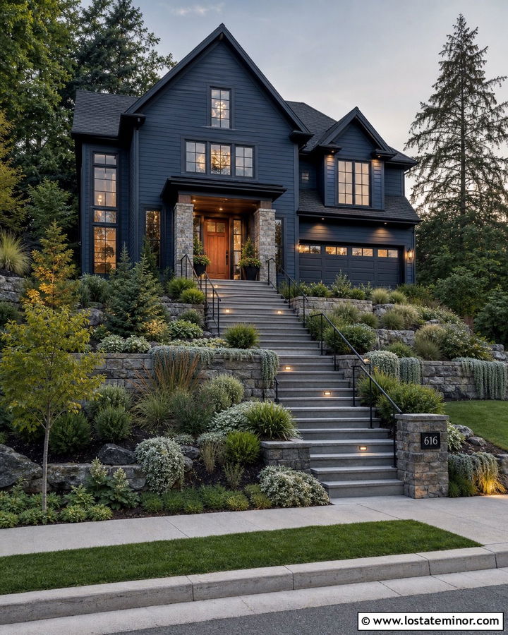 Navy Blue Hillside House With Terraced Steps - 30 Navy Blue House Design With Steps Ideas