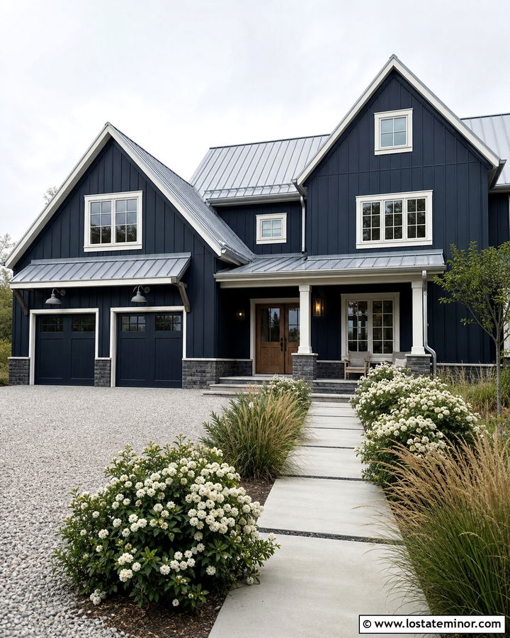 Navy Blue House With Aged Zinc Lights - 30 Navy Blue House Design With Light Fixtures Ideas