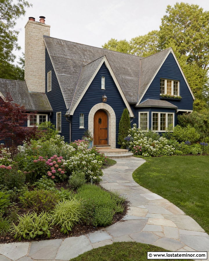 Navy Blue House With Arched Wood Front Door - 30 Navy Blue House Design With Entry Door Ideas