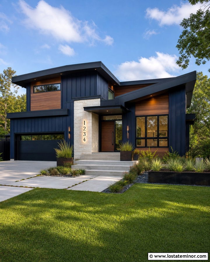 Navy Blue House With Backlit House Numbers - 30 Navy Blue House Design With House Numbers Ideas