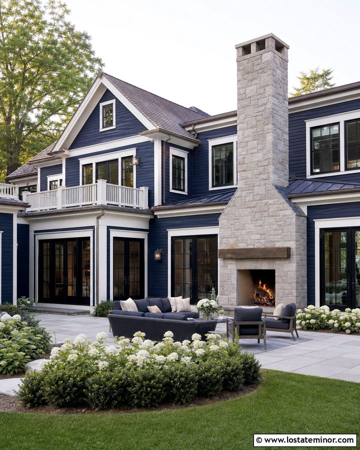 Navy Blue House With Backyard Fireplace - 30 Navy Blue House Design With Backyard Ideas