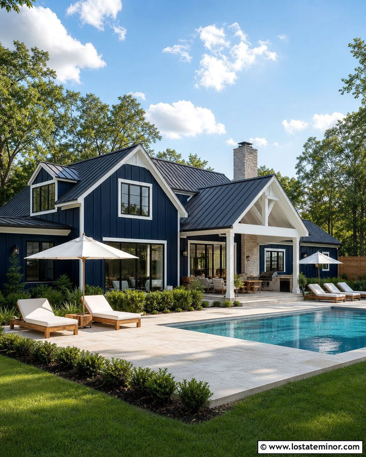 Navy Blue House With Backyard Pool - 30 Navy Blue House Design With Backyard Ideas