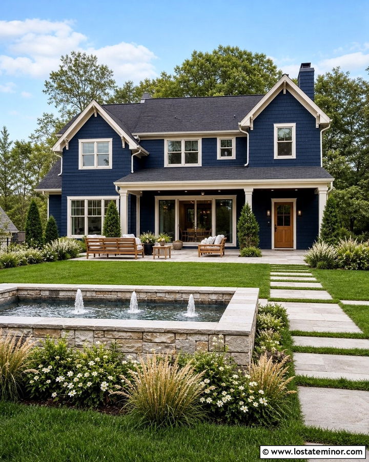 Navy Blue House With Backyard Water Feature - 30 Navy Blue House Design With Backyard Ideas