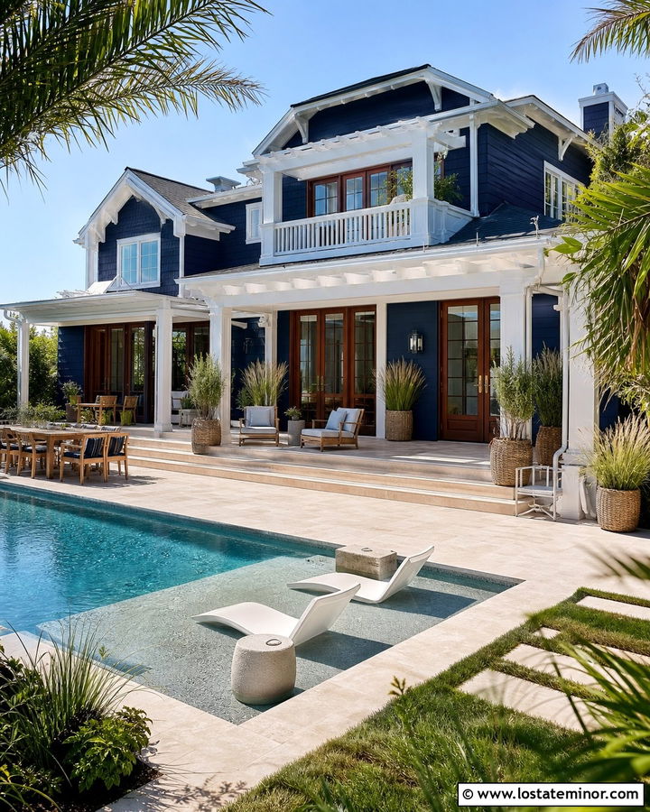 Navy Blue House With Baja Shelf Pool - 30 Navy Blue House Design With Swimming Pool Ideas