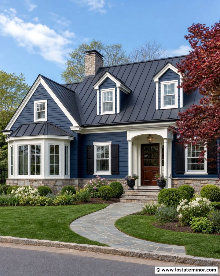 Navy Blue House With Bay Window Sunroom - 30 Navy Blue House Design With Sunroom Ideas