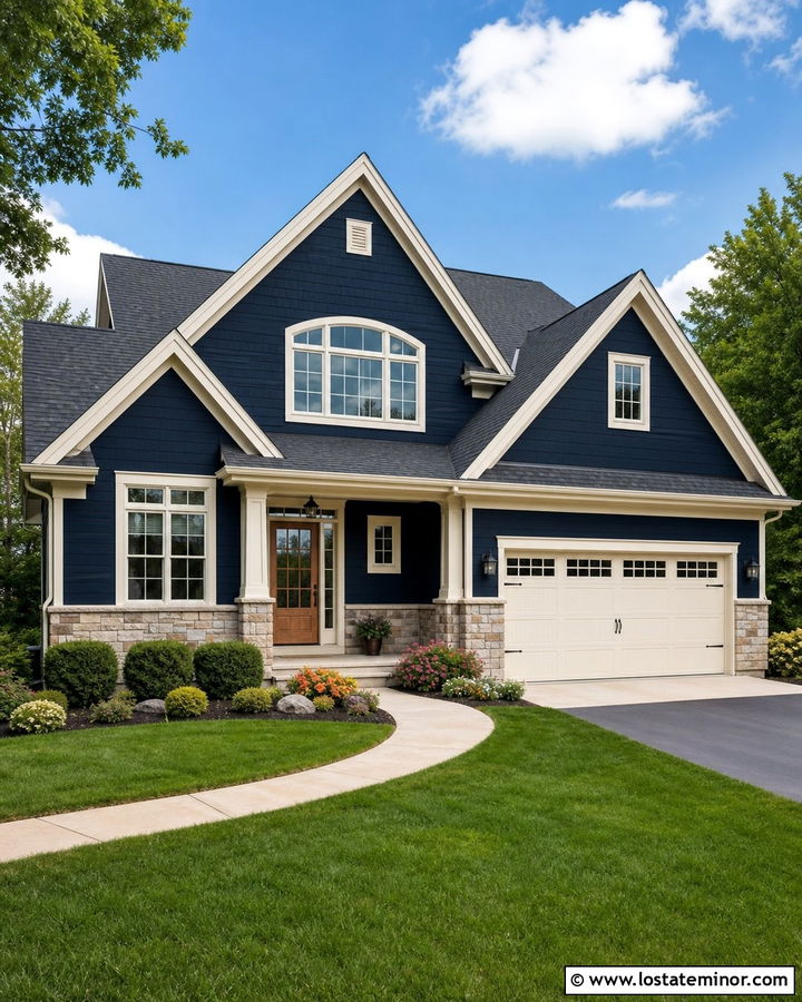 Navy Blue House With Beige Stone Wainscoting - 30 Navy Blue House Design With Wainscoting Ideas