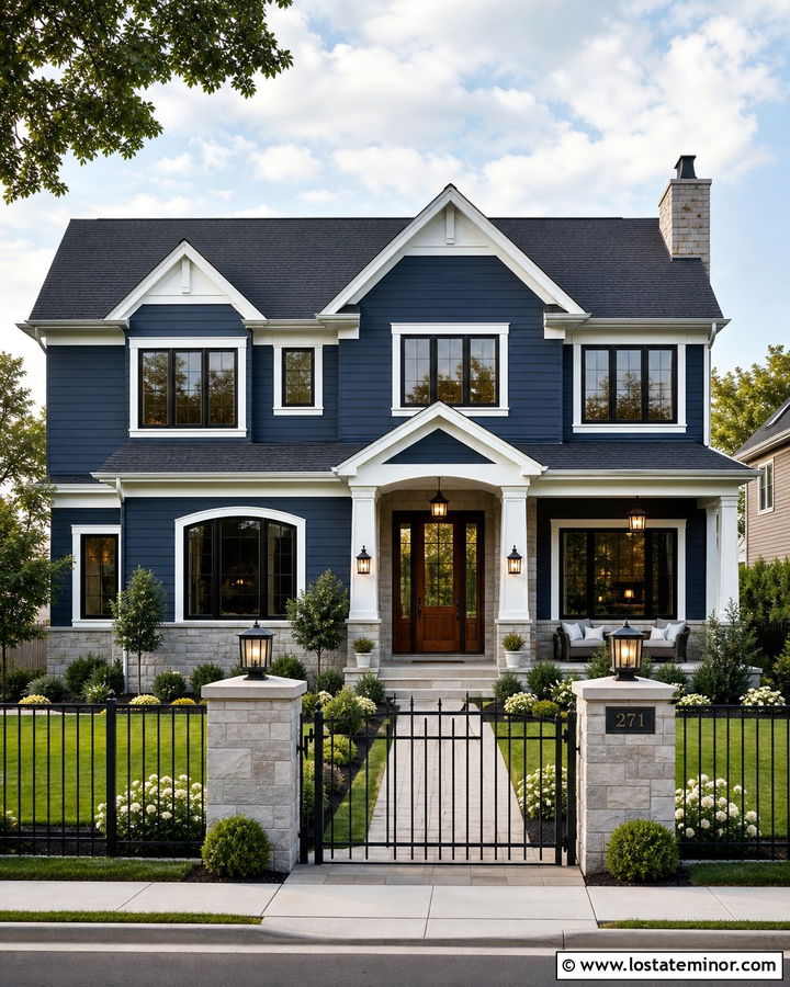 Navy Blue House With Black Aluminum Fence - 30 Navy Blue House Design With Fence Ideas