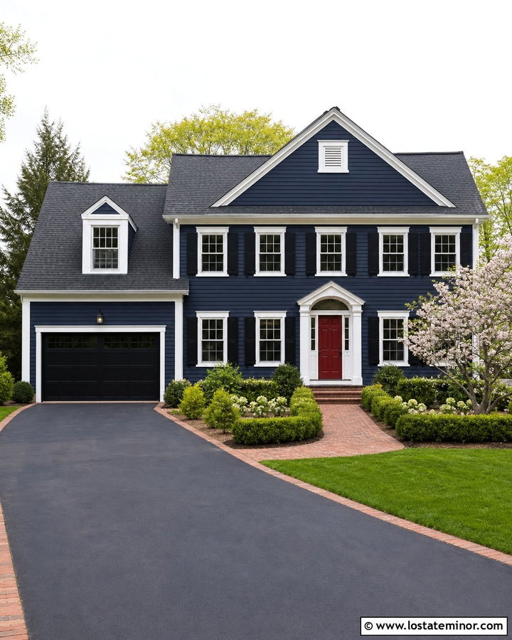 Navy Blue House With Black Asphalt Driveway - 30 Navy Blue House Design With Driveway Ideas