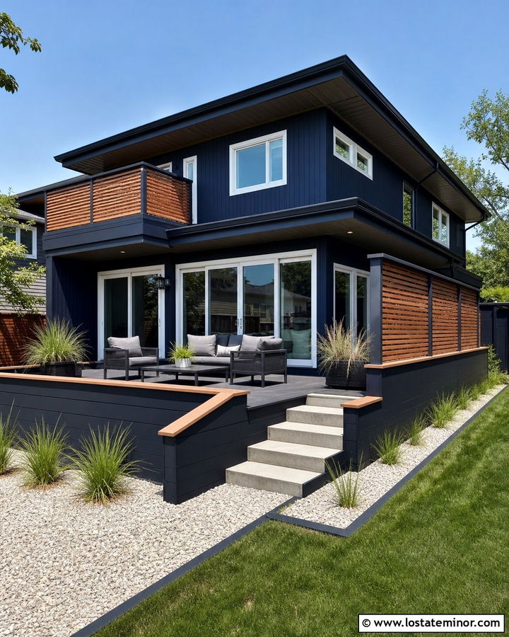 Navy Blue House With Black Composite Deck - 30 Navy Blue House Design With Deck Ideas