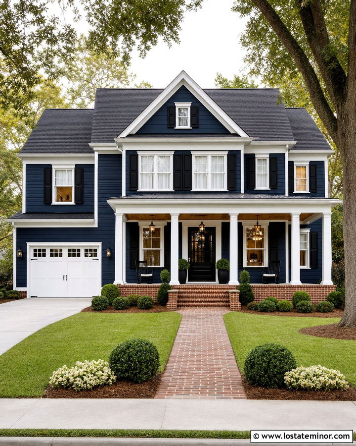 Navy Blue House With Black Door And White Trim - 30 Navy Blue House Design With Trim Ideas