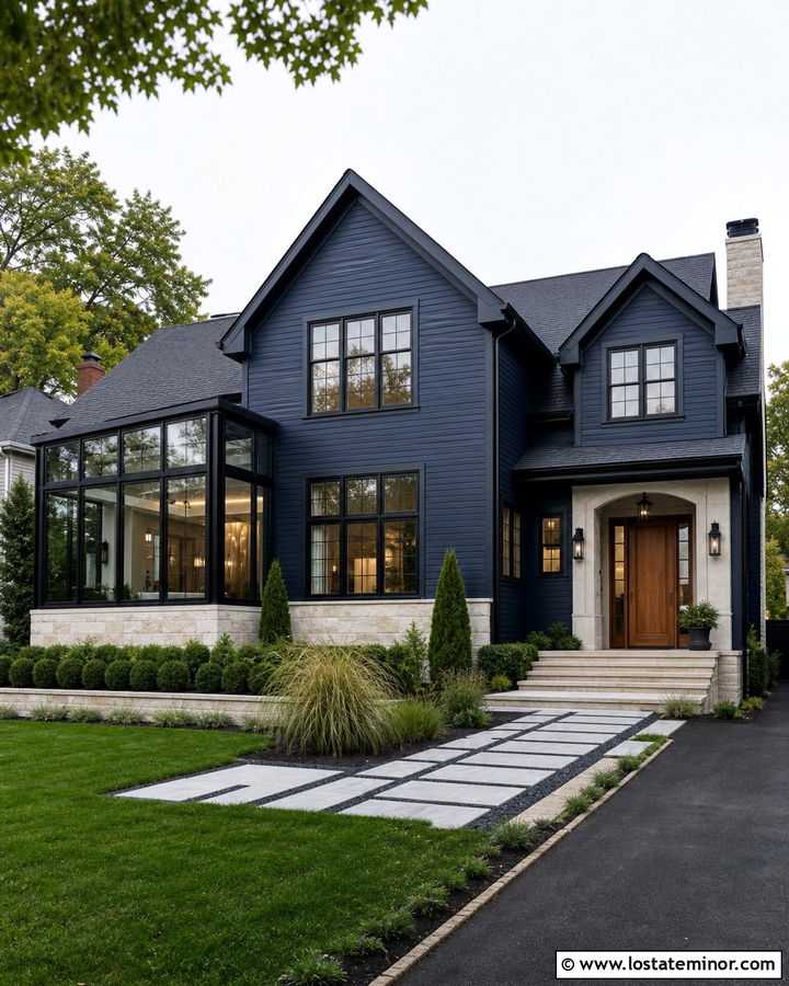 Navy Blue House With Black Frame Sunroom - 30 Navy Blue House Design With Sunroom Ideas