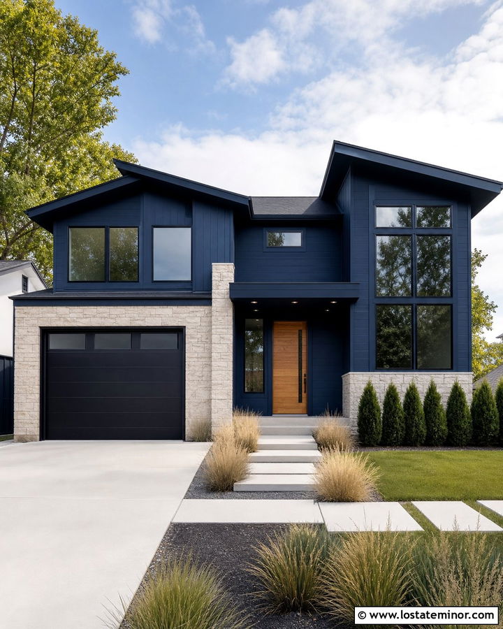 Navy Blue House With Black Garage Door - 30 Navy Blue House Design With Garage Door Ideas