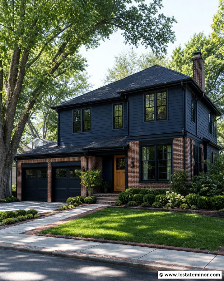 Navy Blue House With Black Grid Windows And Brick - 30 Navy Blue House Design With Window Frames Ideas