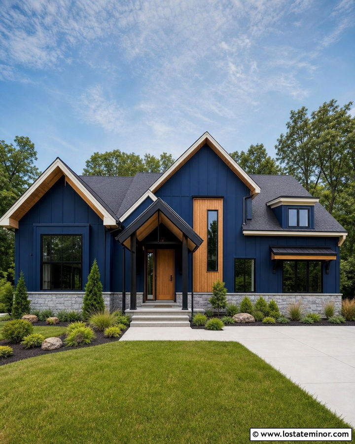 Navy Blue House With Black Modern Portico - 30 Navy Blue House Design With Portico Ideas