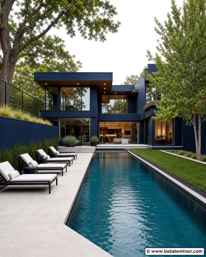 Navy Blue House With Black Pool Windows - 30 Navy Blue House Design With Swimming Pool Ideas