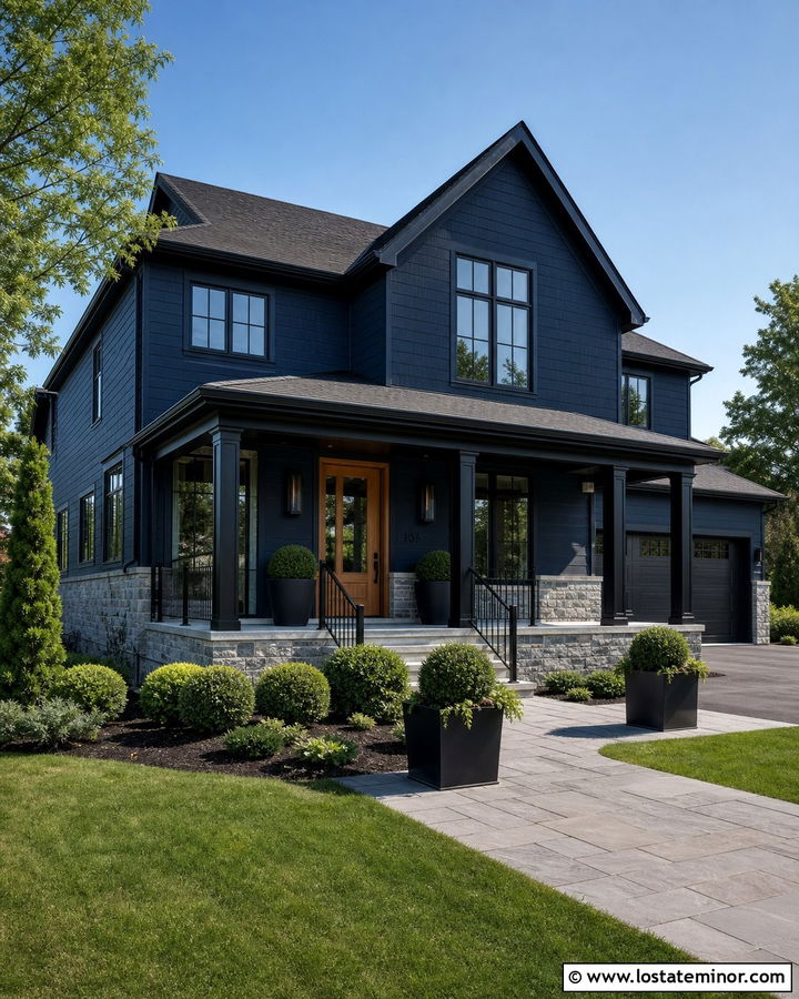 Navy Blue House With Black Porch Columns - 30 Navy Blue House Design With Porch Columns Ideas