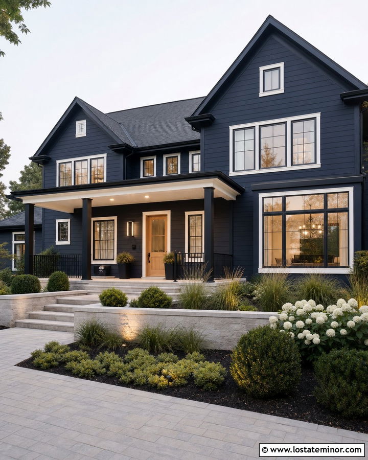 Navy Blue House With Black Porch Columns - 30 Navy Blue House Design With Front Porch Ideas