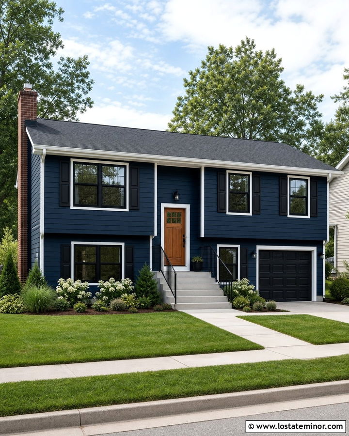 Navy Blue House With Black Railings And Concrete Steps - 30 Navy Blue House Design With Steps Ideas