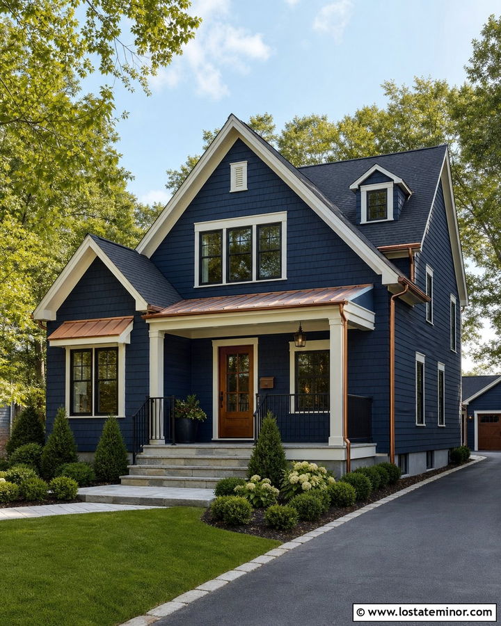 Navy Blue House With Black Railings And Copper Accents - 30 Navy Blue House Design With Railings Ideas