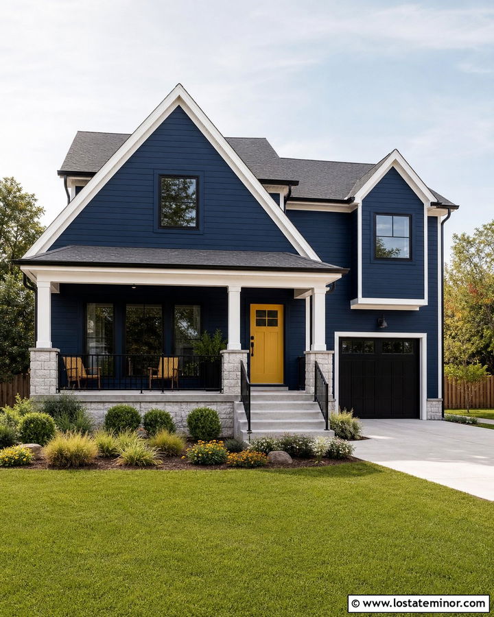Navy Blue House With Black Railings And Yellow Door - 30 Navy Blue House Design With Railings Ideas