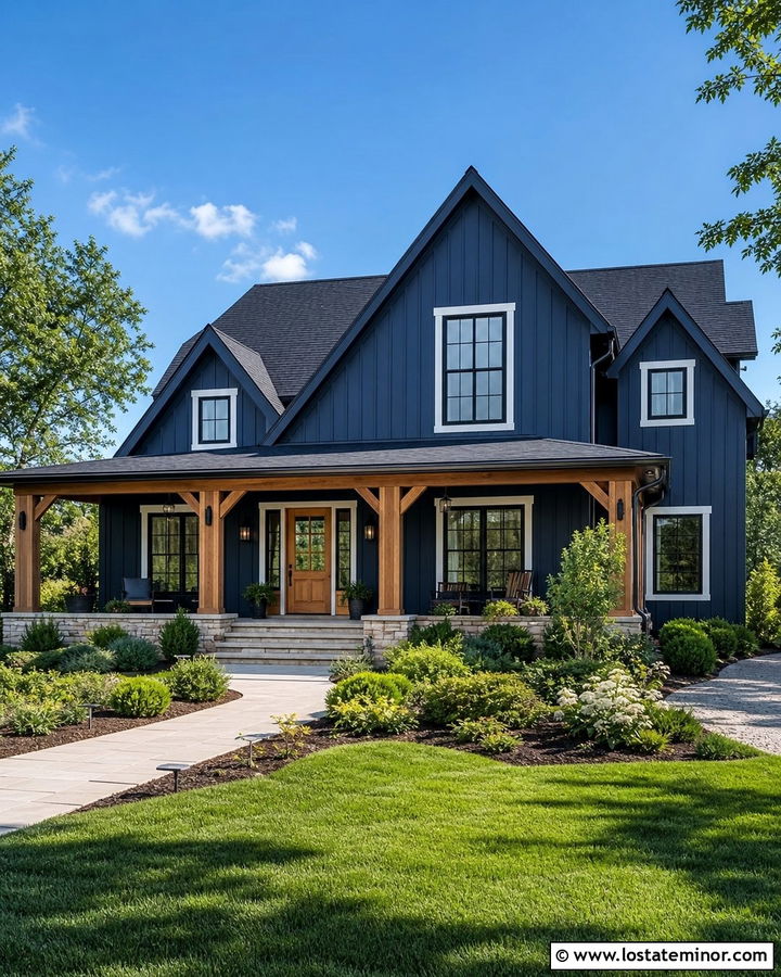Navy Blue House With Black Roof And Cedar Porch - 30 Navy Blue House Design With Roof Ideas