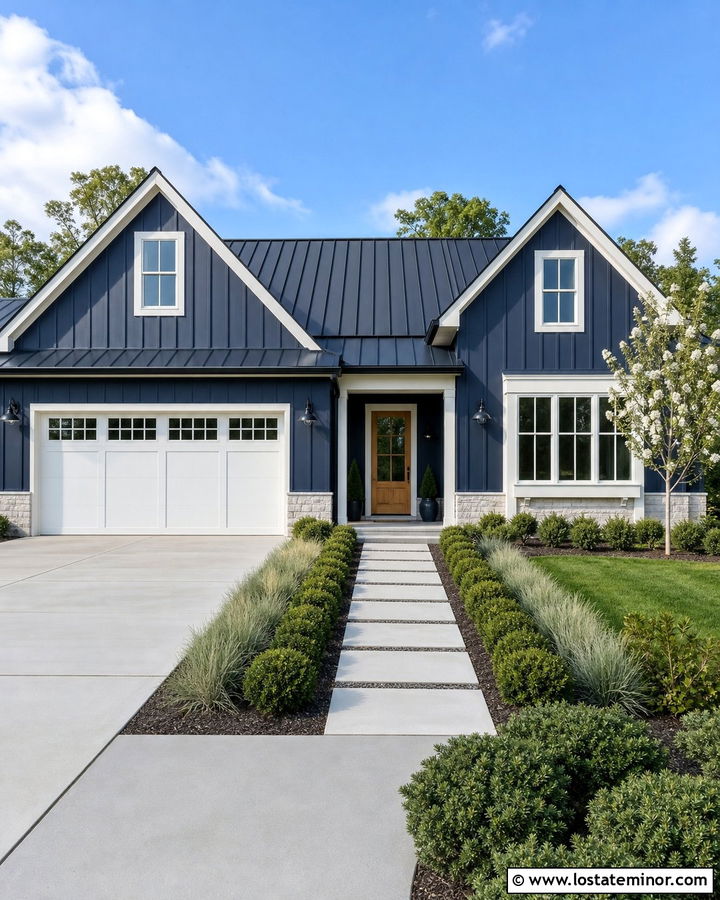 Navy Blue House With Black Roof And White Garage - 30 Navy Blue House Design With Garage Door Ideas