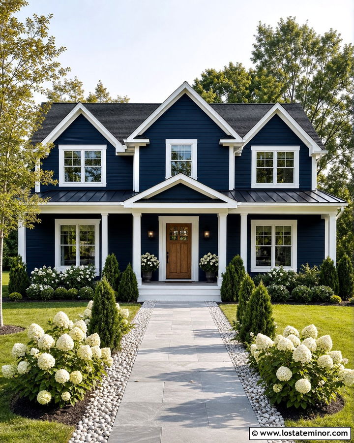 Navy Blue House With Black Roof And White Hydrangeas - 30 Navy Blue House Design With Landscaping Ideas
