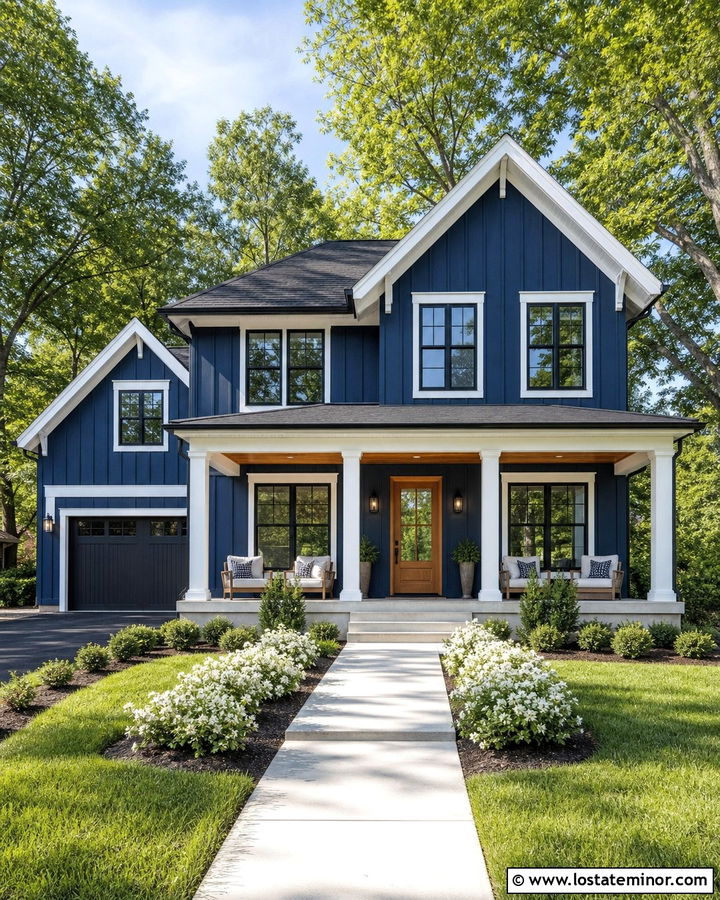 Navy Blue House With Black Roof And White Trim - 30 Navy Blue House Design With Trim Ideas