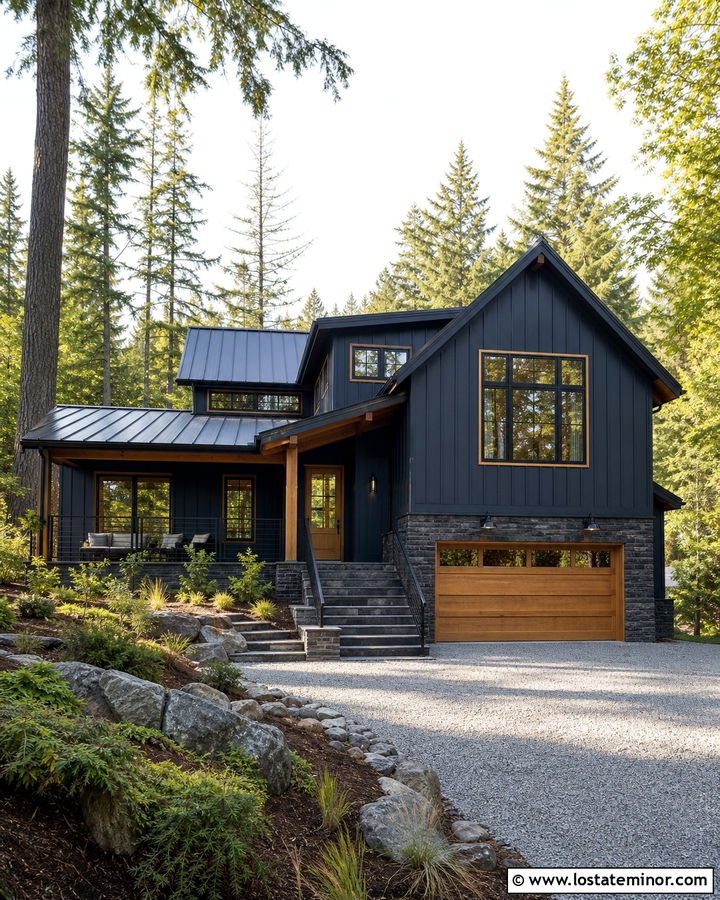Navy Blue House With Black Roof And Wood Trim - 30 Navy Blue House Design With Roof Ideas
